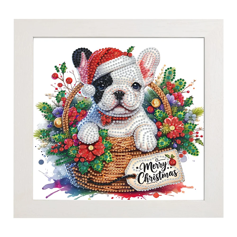 5D DIY Partial Special Shaped Drill Diamond Painting Xmas French Bulldog 22.8x22.8cm【With Frame】