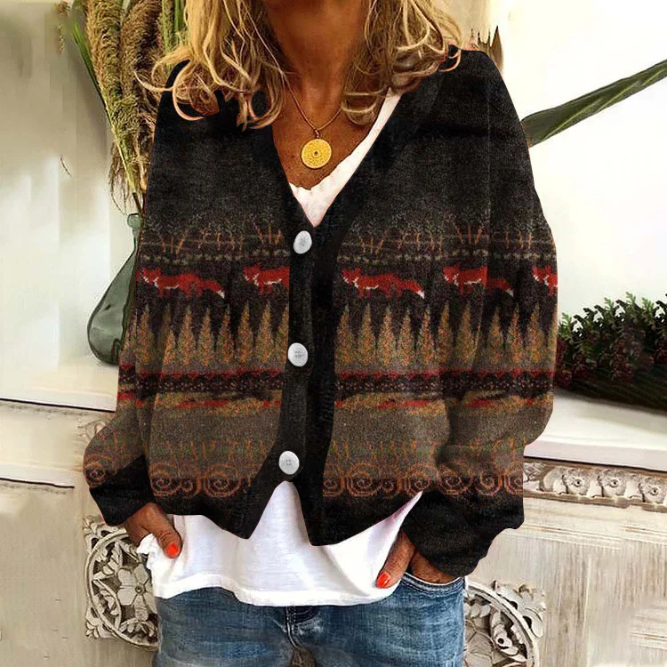 🔥kukelife🔥Women's Fox Forest Long Sleeve Casual Sweater Cardigan