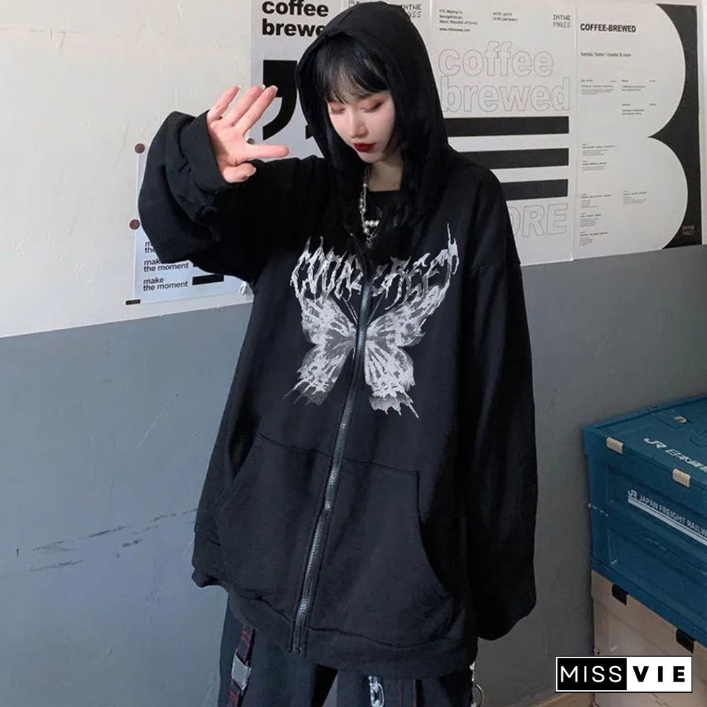 Darkness Butterfly Print Pocket Hooded Sweatshirt