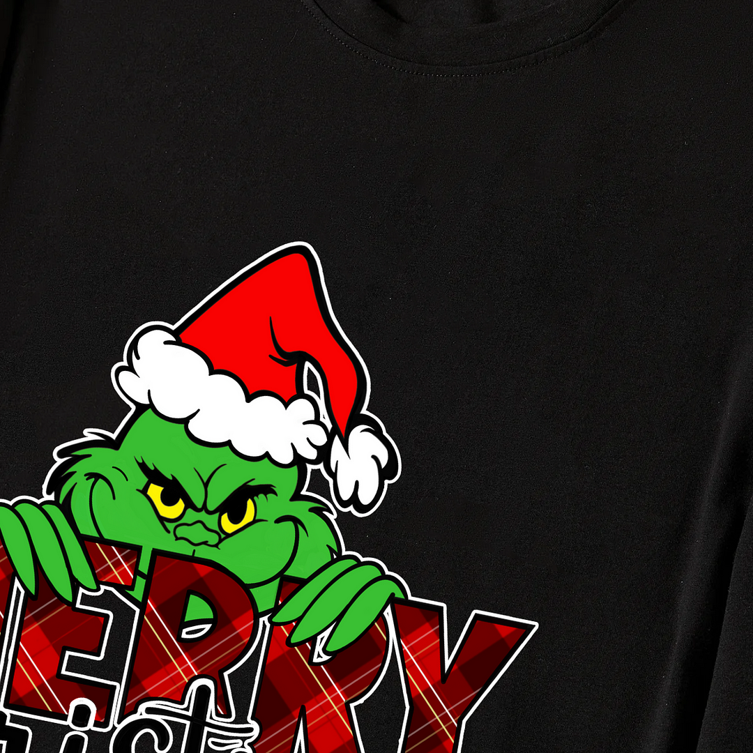 Christmas Cartoon Pattern and "Merry Christmas" Print Black Long Sleeve Top with Green and Black Plaid Family Matching Pajamas