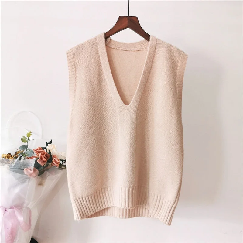 Fashionable Solid Color V-neck Sweater Vest Women Loose Sleeveless Simple Commuter Undecorated Knitted Sweater Vest Femal Spring