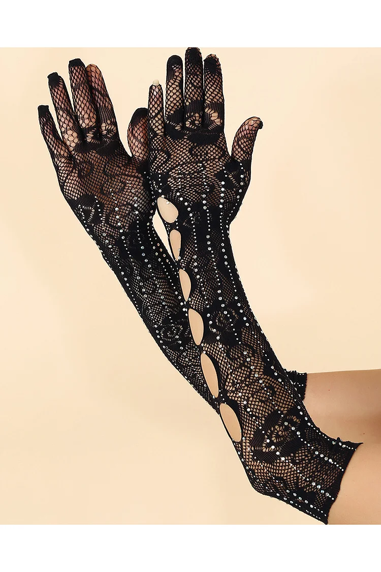 Black Rhinestone Long Fishnet Hollow Finger Glove