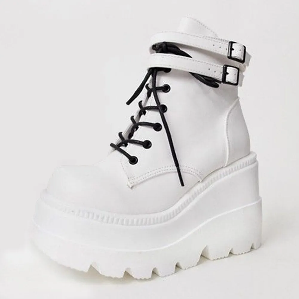 BONJOMARISA New Arrivals Brand Designer Platform Wedges Lace Up women's Boots Cool Street Punk Goth Fluorescent Treny Shoes Lady
