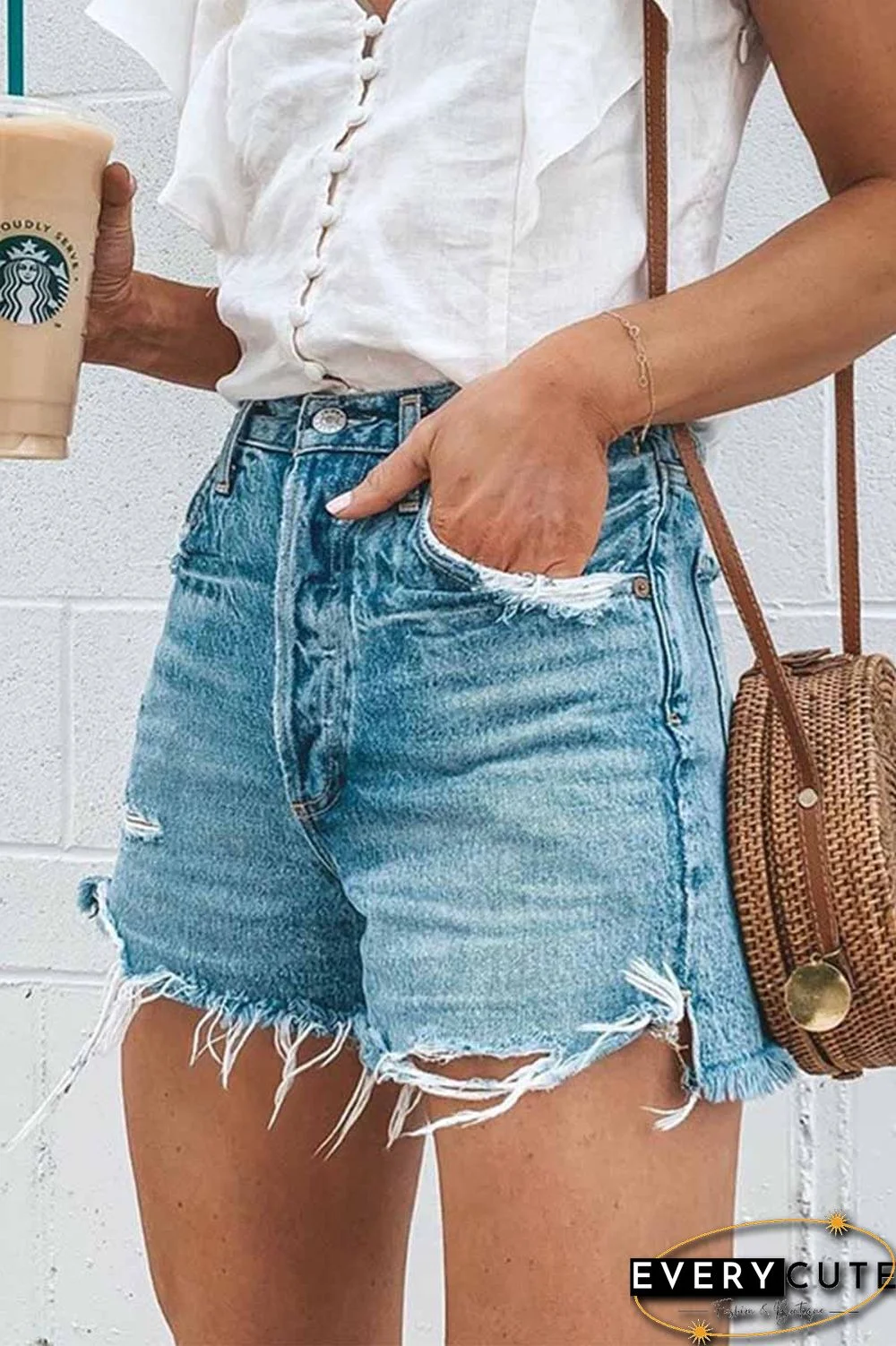Summer Loose Button Ripped Fringed Denim Shorts