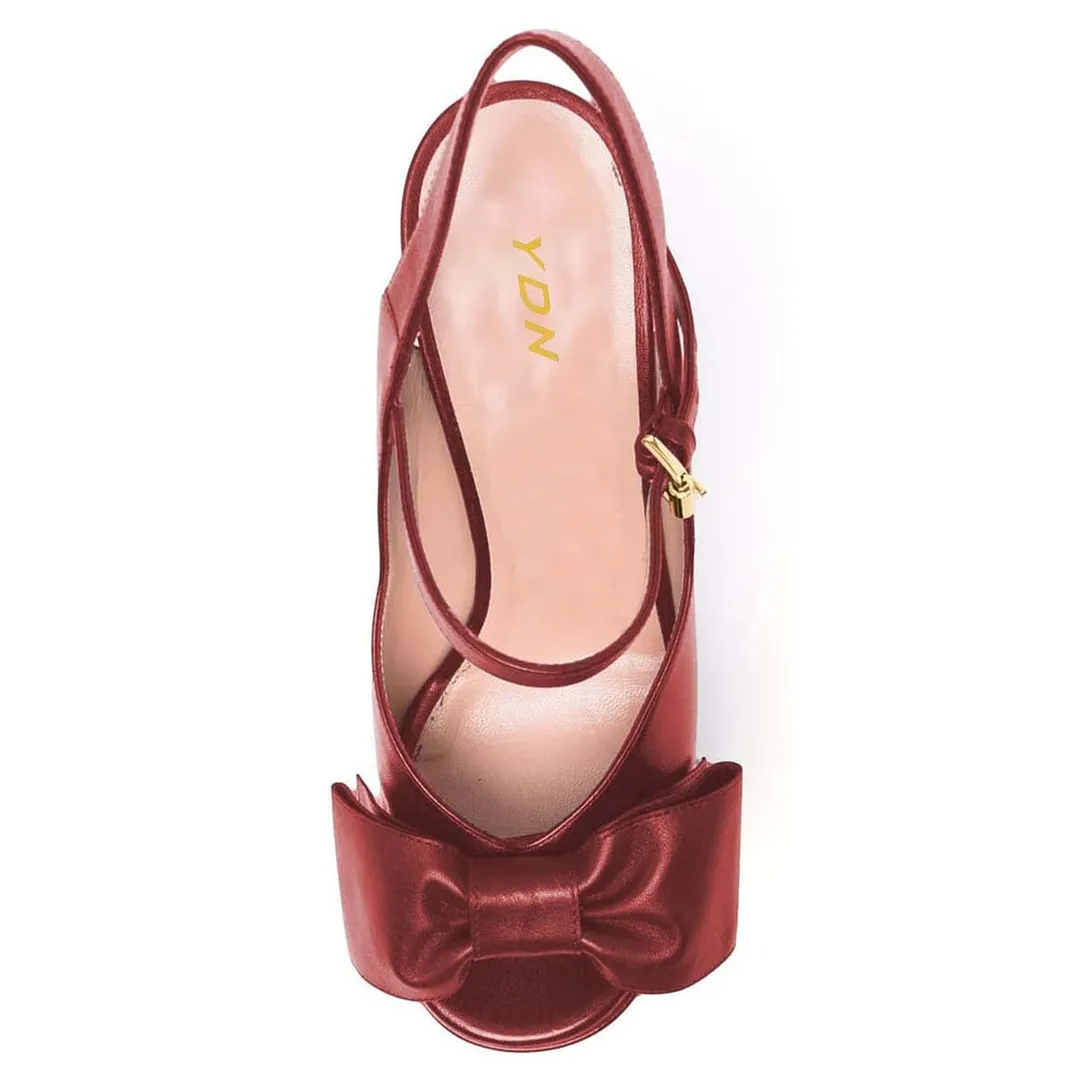 Maroon Vegan Leather Peep Toe Platform Slingback Heels with Bow Accent