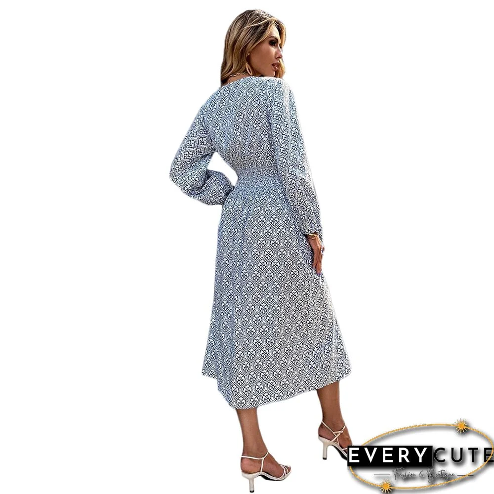 White V Neck Long Sleeve Print Midi Dress