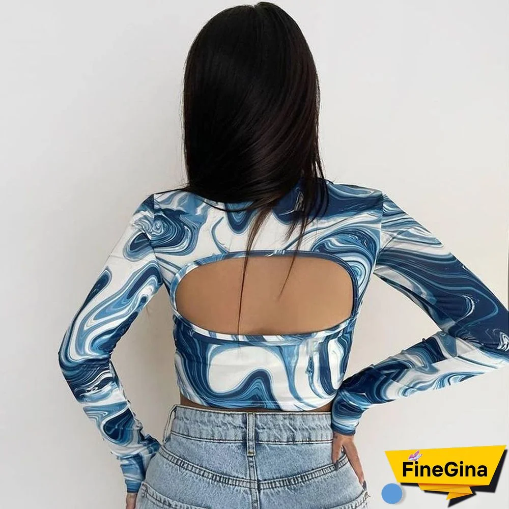 Women's Tube Top Fashion Print Crop Tops Long Sleeve Turtleneck Pullovers Spring Summer Exposed Navel Shirt Streetwear Y2k