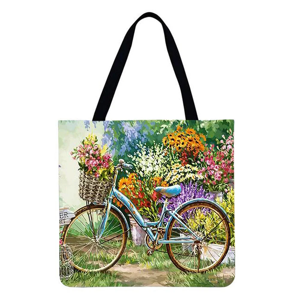 Linen Tote Bag-Bicycle in the garden