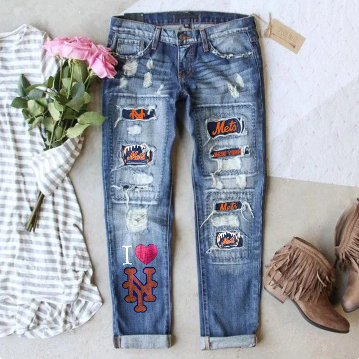 STRETCH RIPPED FRAYED RAW HEM DISTRESSED DENIM JEANS WITH HOLE