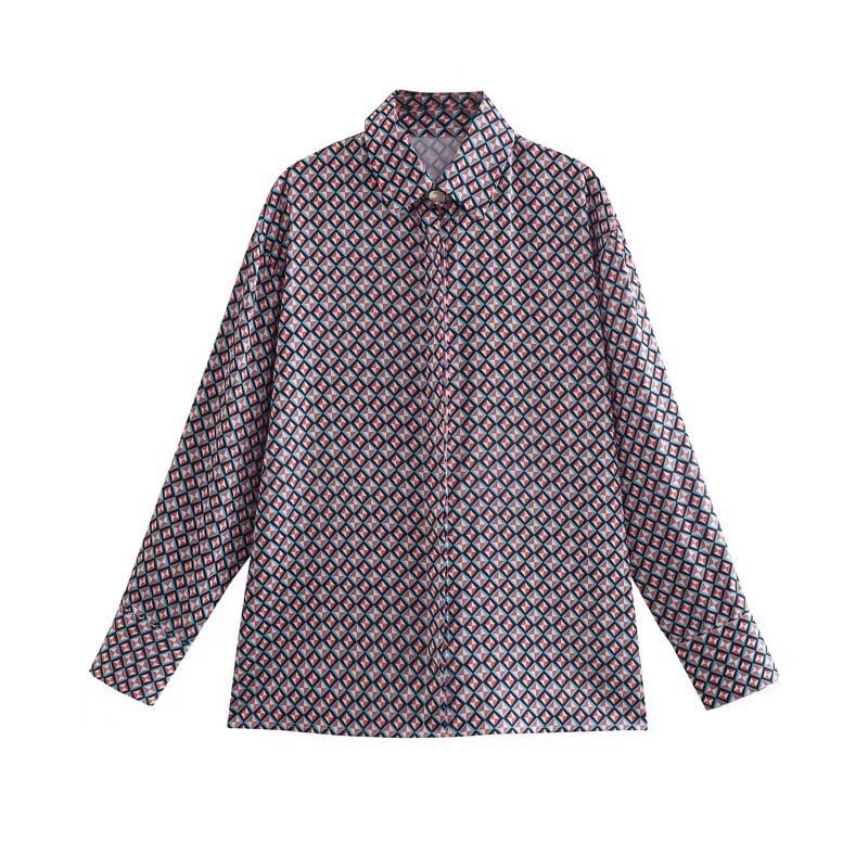 TFMLN 2Pcs Women Fashion Blouses+Pants Sets 2022 Geometric Printed Long Sleeve Vintage Tops Street Turn Down Collar Outwear