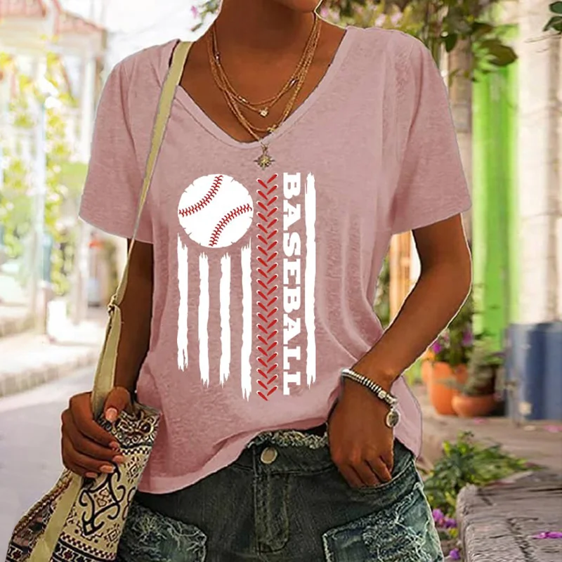 Women's Baseball Flag Print V-Neck T-Shirt