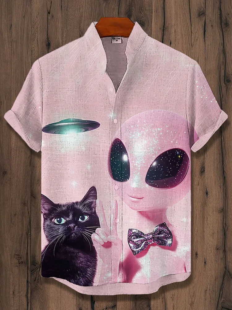 Men's Black Cat Alien UFO Sci-Fi Art Print Short Sleeve Shirt