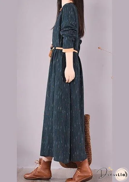 Women Blue Striped Quilting Clothes O Neck Tie Waist Long Spring Dresses