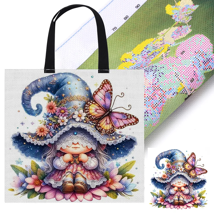 11CT Print Butterfly Gnome Cross Stitch Canvas Bag Embroidery Kit for Kids Adult gbfke