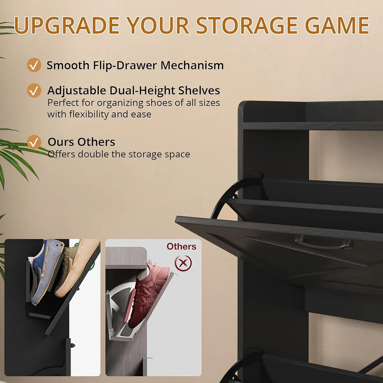 VOWNER Farmhouse Shoe Storage Cabinet with 2 Flip Drawers, Freestanding Organizer with Metal Legs for Entryway, Narrow Shoe Rack Cabinet VOWNER Farmhouse Shoe Storage Cabinet with 2 Flip Drawers, Freestanding Organizer with Metal Legs for Entryway, Narrow Shoe Rack Cabinet