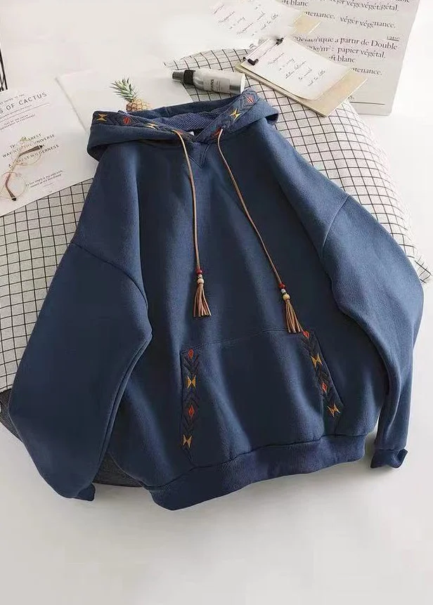 DIY Navy Hooded Embroideried Cotton Sweatshirts Top Spring