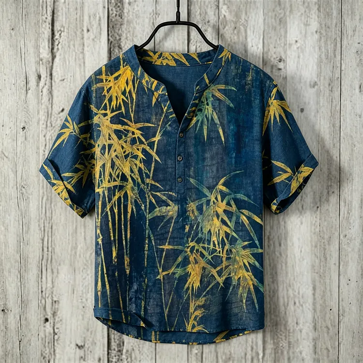 Men's Retro Japanese Art Bamboo Print Linen Top
