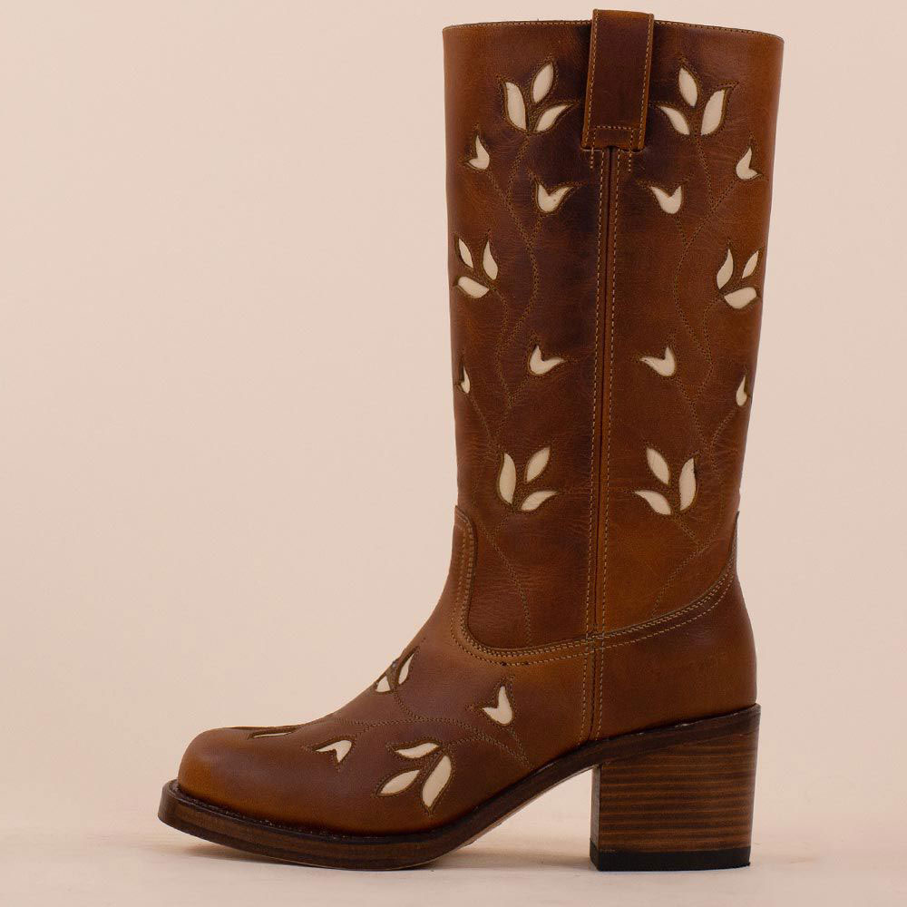 Brown Vintage Stitching Flower Mid Calf Block Heel Cowgirl Boots