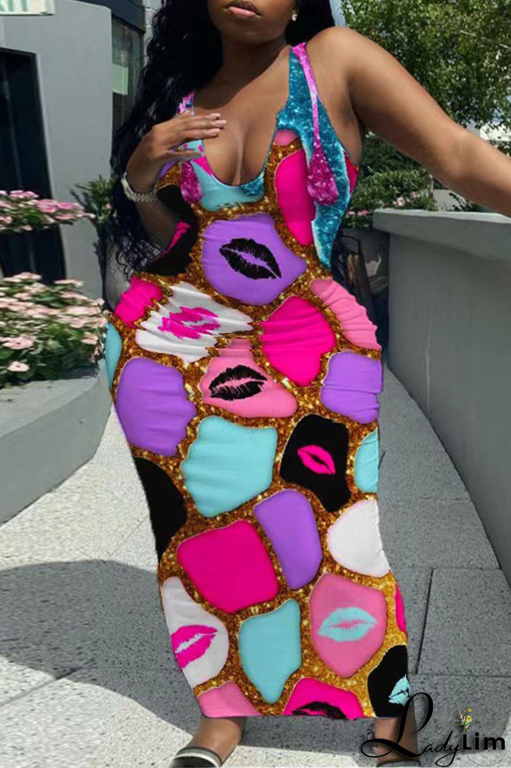 Tangerine Red Sexy Daily Print Graffiti V Neck Wrapped Skirt Plus Size Dresses