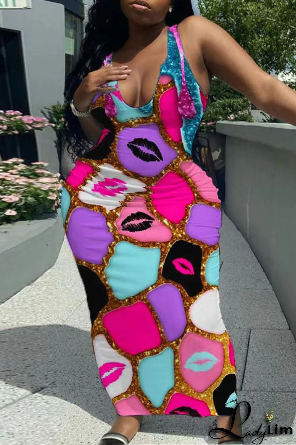 Tangerine Red Sexy Daily Print Graffiti V Neck Wrapped Skirt Plus Size Dresses