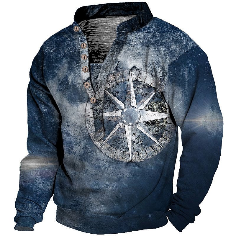 Men's Retro Compass Print Long Sleeve Henley T-shirt 