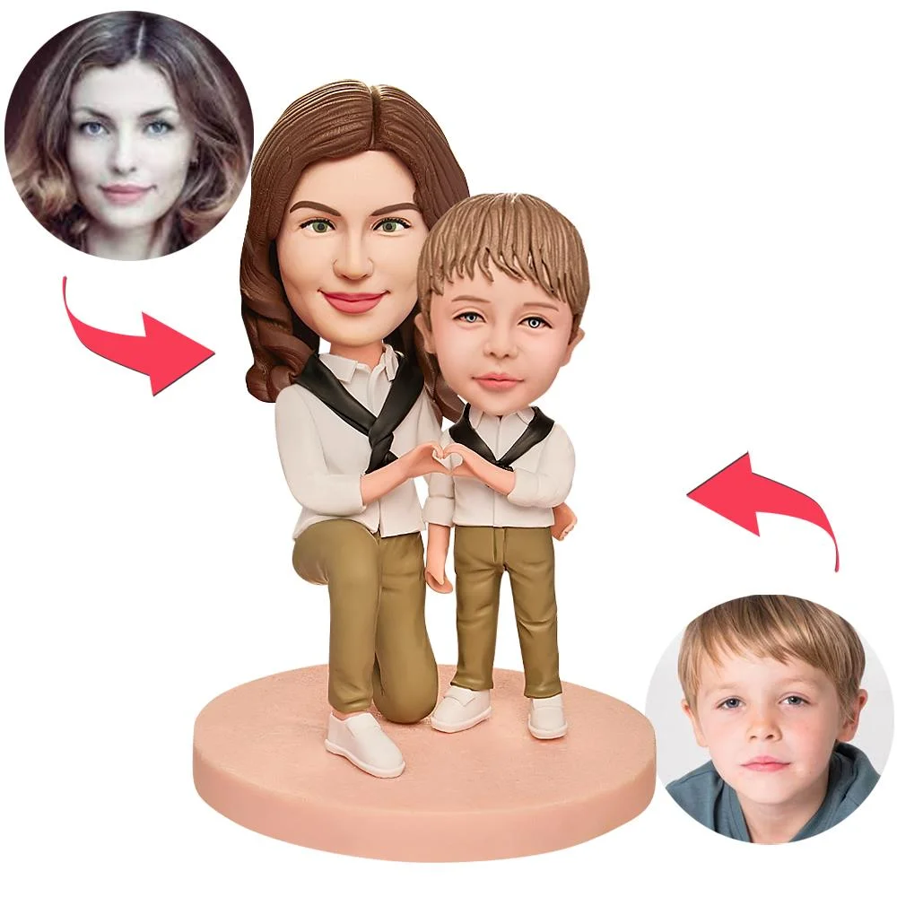 Mothers Day Gift Mother and Son Make a Heart Custom Bobblehead with Engraved Text