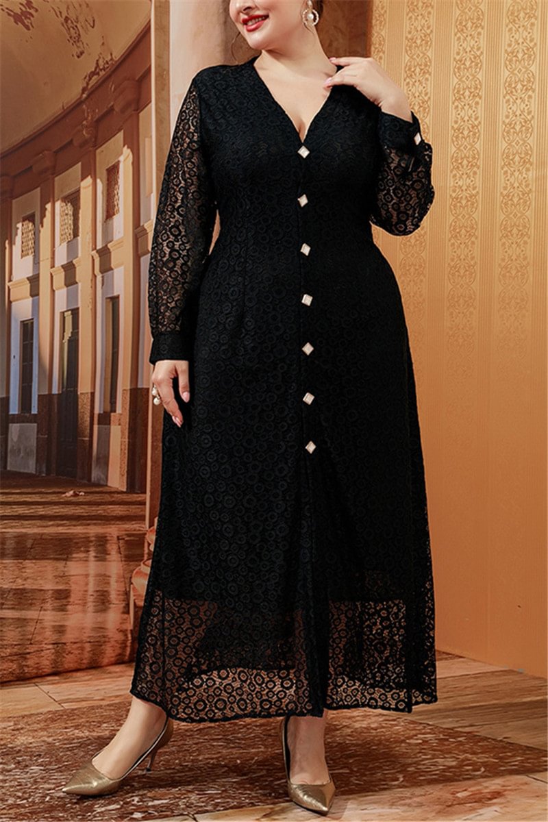 Solid Lace Button V Neck Long Sleeve Elegant Maxi Dress