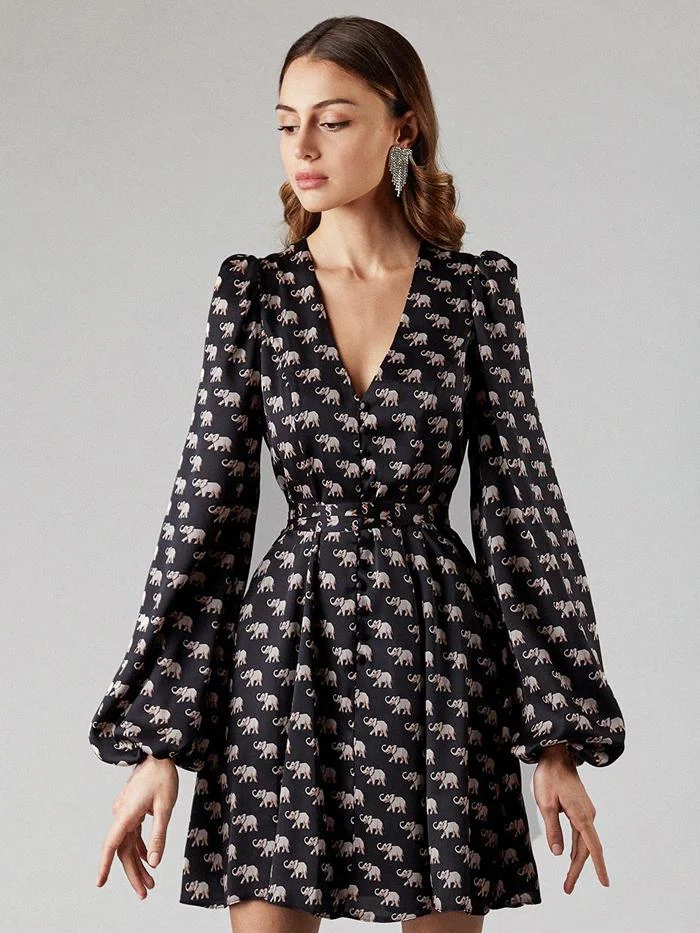 Fashion Sexy V-neck Lantern Sleeve Satin Printed Dress