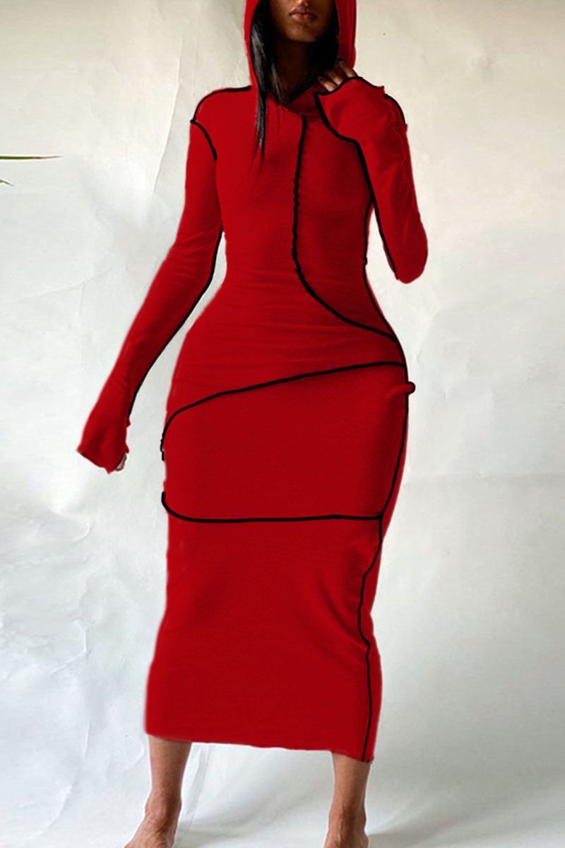 Red Casual Solid Patchwork Hooded Collar Wrapped Skirt Dresses | EGEMISS