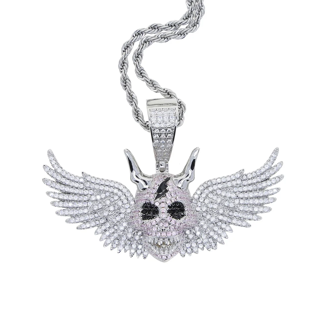 Skull With Wings Pendant Necklace Bling Iced Out CZ Stone Charm Men Hip Hop Jewelry-VESSFUL