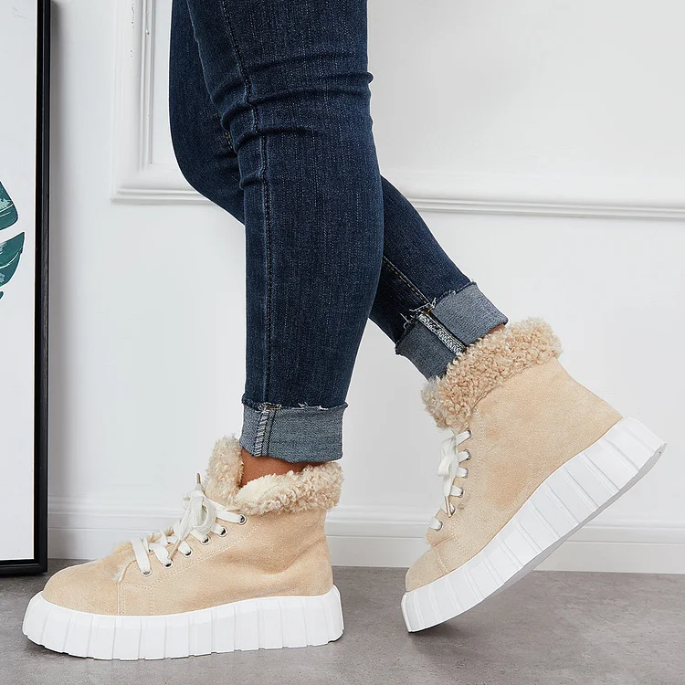 Lace Up Platform Warm Faux Fur Lined Booties Sneakers Boots