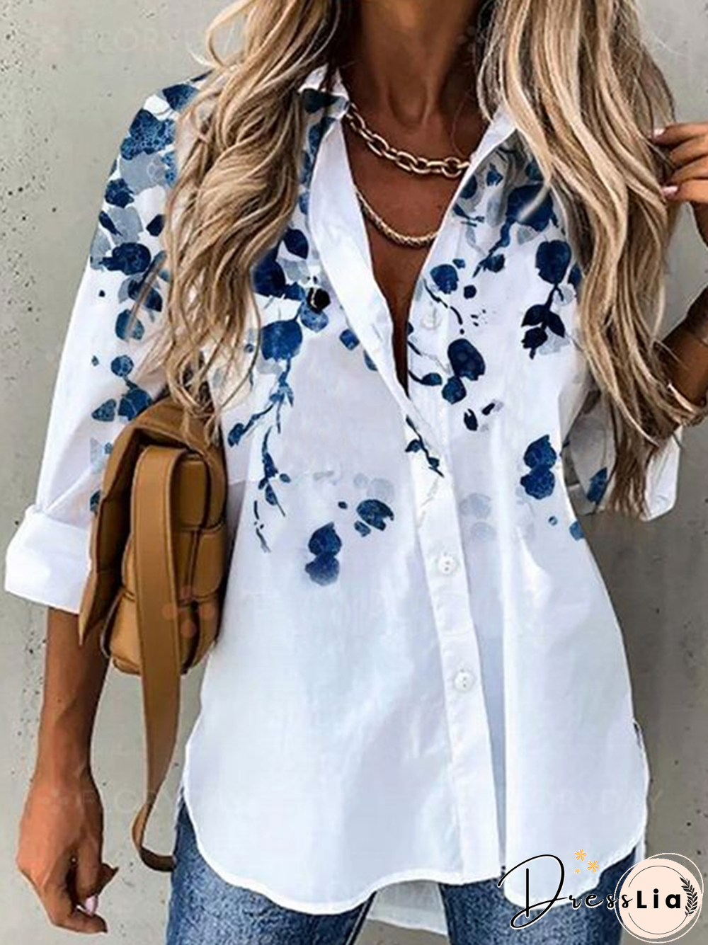 Long Sleeve Floral-Print Shirt Collar Casual Blouse