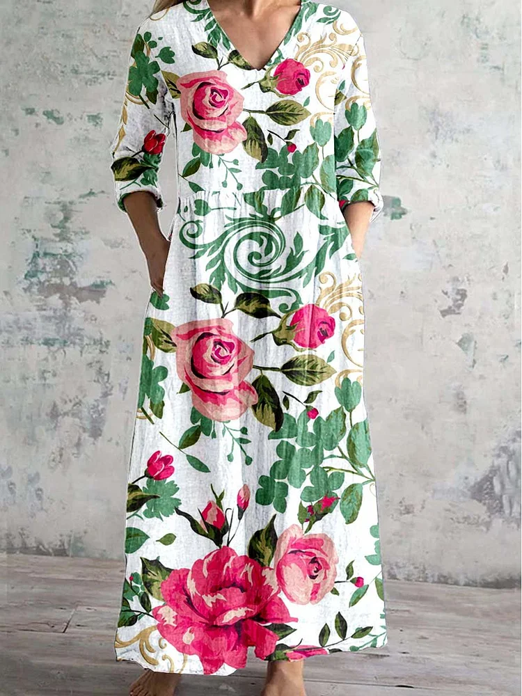 Women's V Neck Art Rose Floral Pattern Dress With Pockets