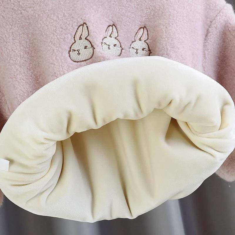 2021 Spring Winter Girl Casual Sweater Children's Knitted Woolen  Kids Cute Bunny Warm Thicken Bowknot Long Sleeve Plus Velvet