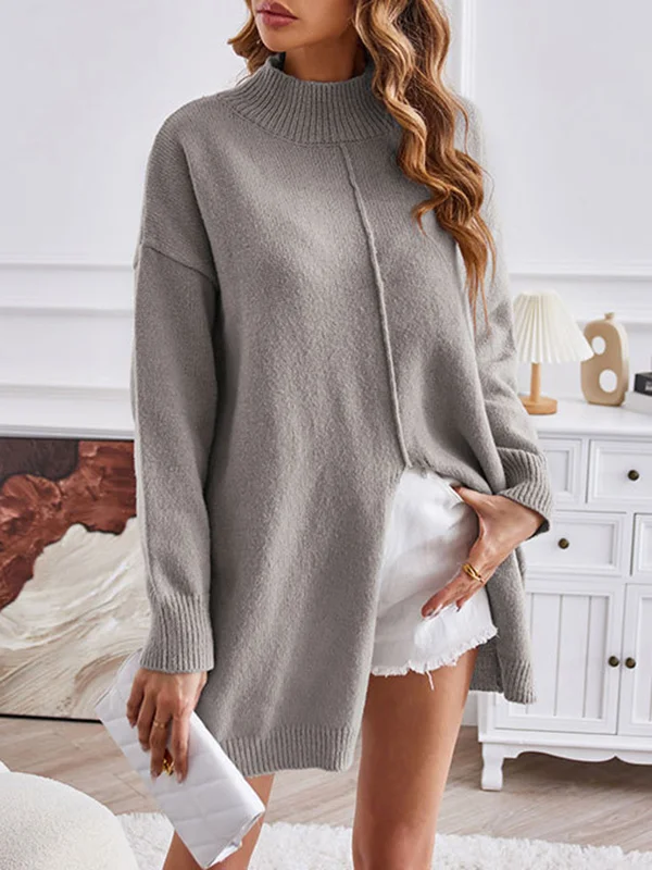 Long Sleeves Loose Solid Color Split-Front Velvet Mock Neck Pullovers Sweater Tops