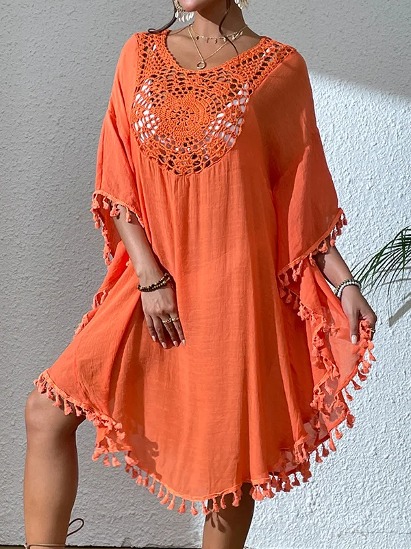 Tasseled Sun Protection Solid Color Hollow Loose Batwing Sleeves Round-Neck Midi Dresses Cover-Ups Tops