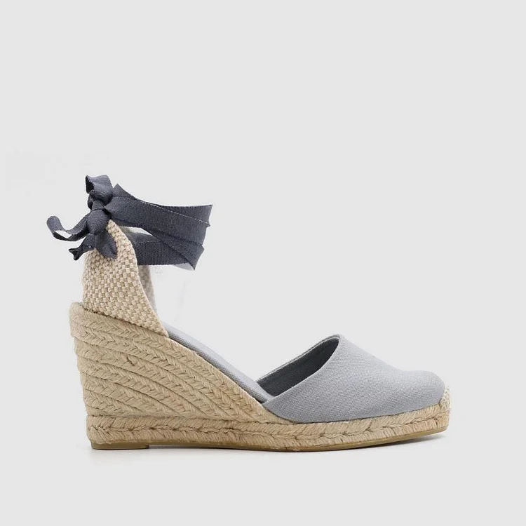 Grey Espadrille Wedges Platform Strappy Ankle Strap Sandals |FSJ Shoes