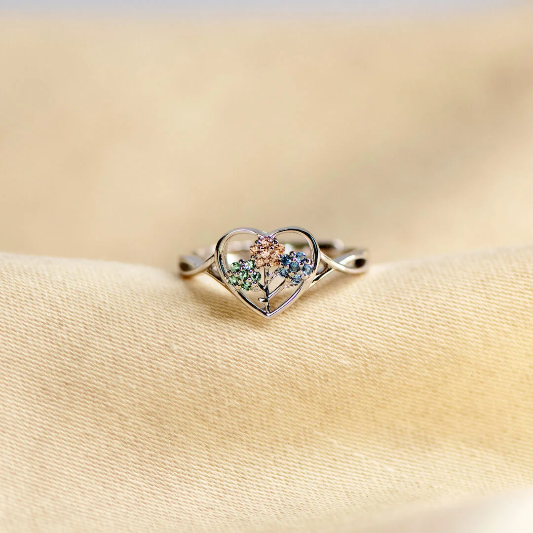 Mama's Heartbeats 1-5 Birthstones Flower Heart Ring