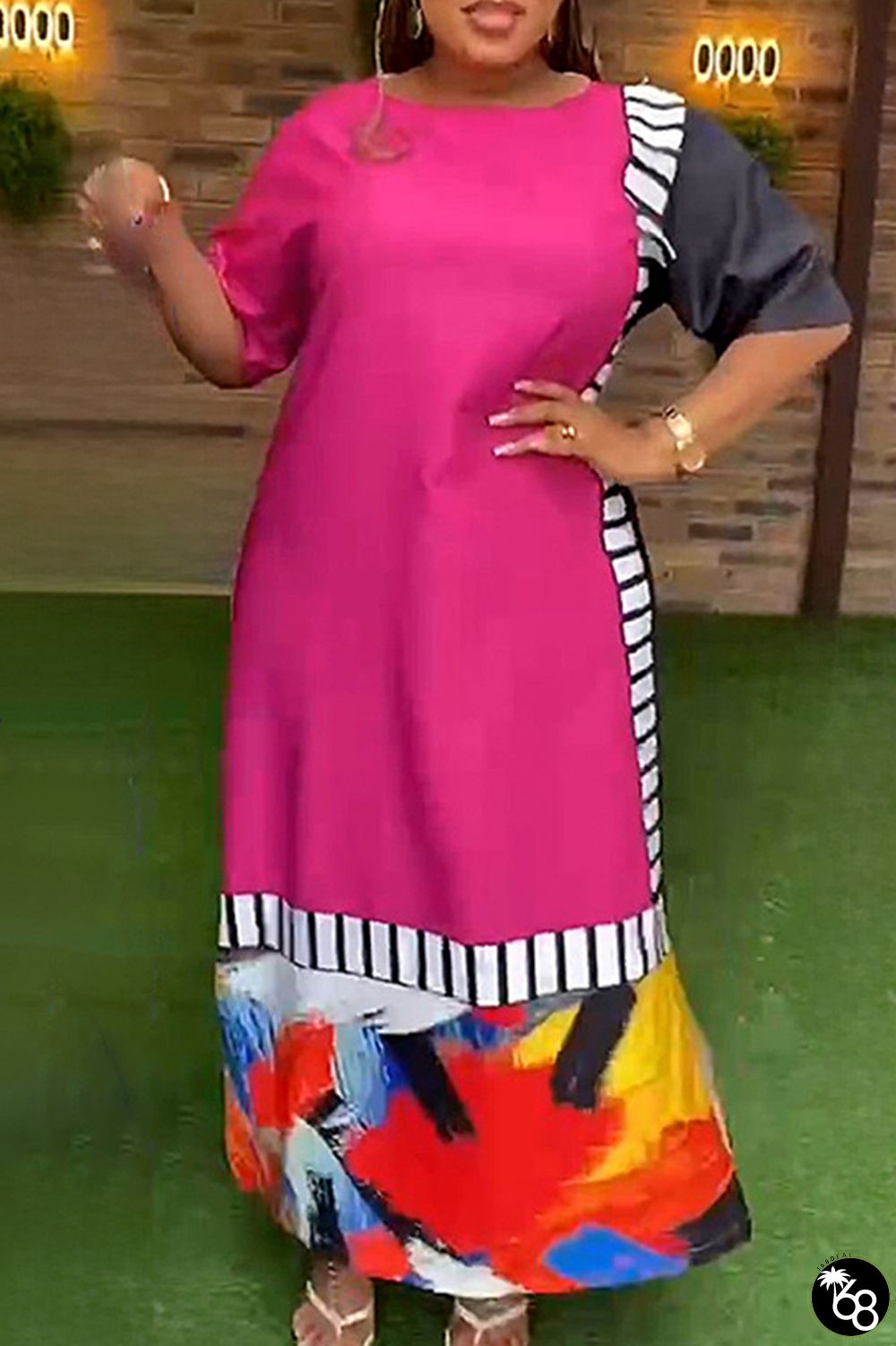 Rose Red Casual Striped Color Block Patchwork O Neck Long Dress Plus Size Dresses | 168DEAL