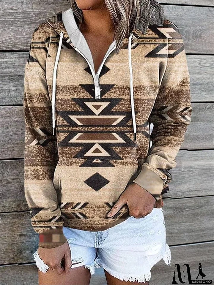 MidiSono - Women's Ethnic Diamond Printed Long Sleeve Pullover Hooded Sweatshirt
