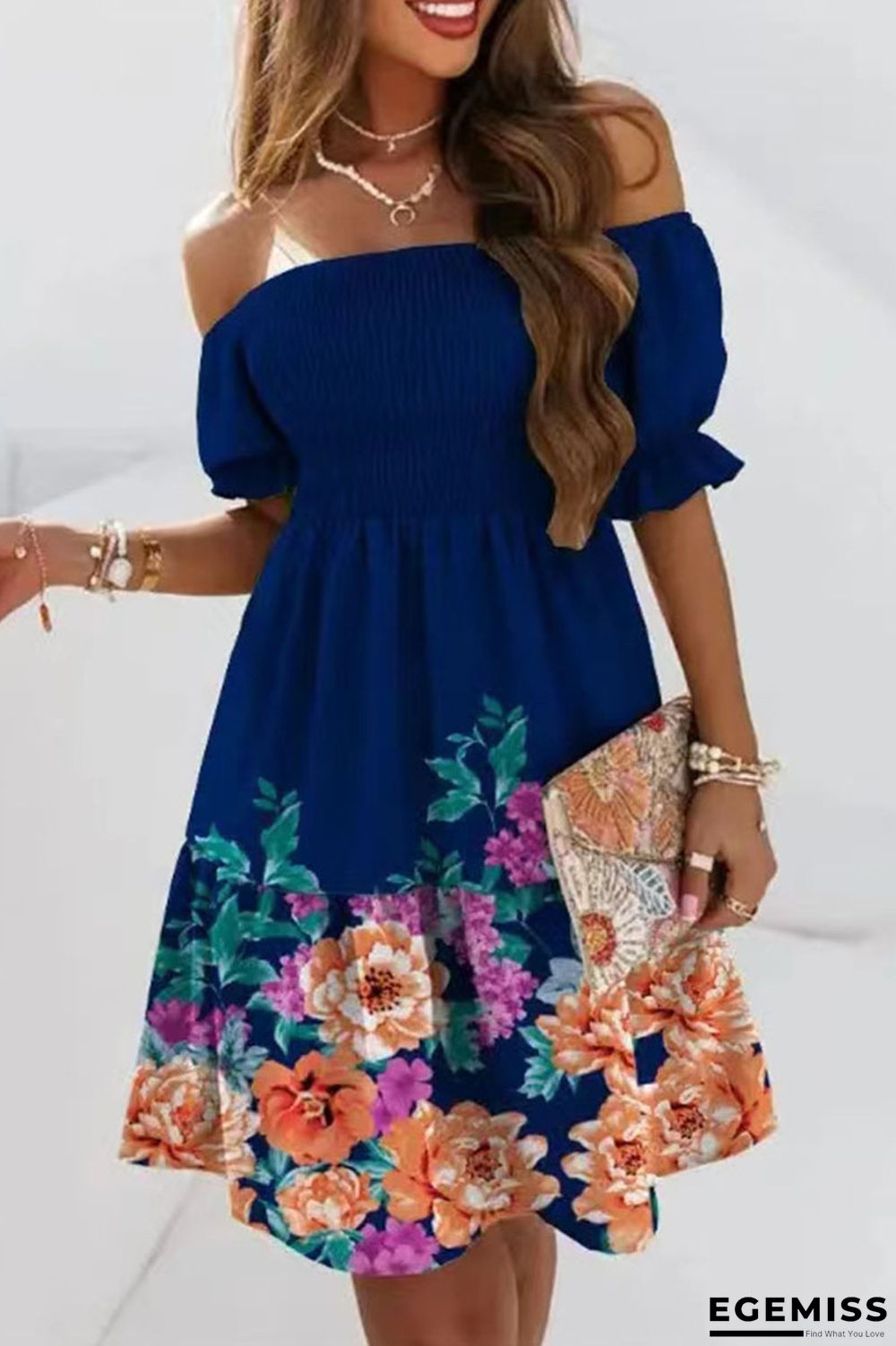 Tibetan Blue Fashion Sweet Print Patchwork Fold Off the Shoulder A Line Dresses | EGEMISS