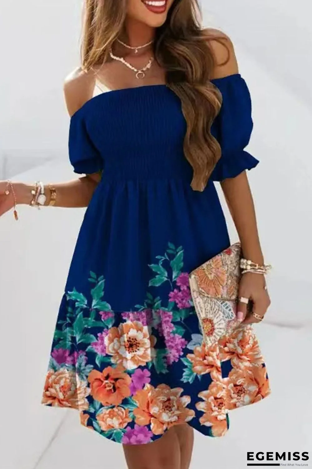 Tibetan Blue Fashion Sweet Print Patchwork Fold Off the Shoulder A Line Dresses | EGEMISS