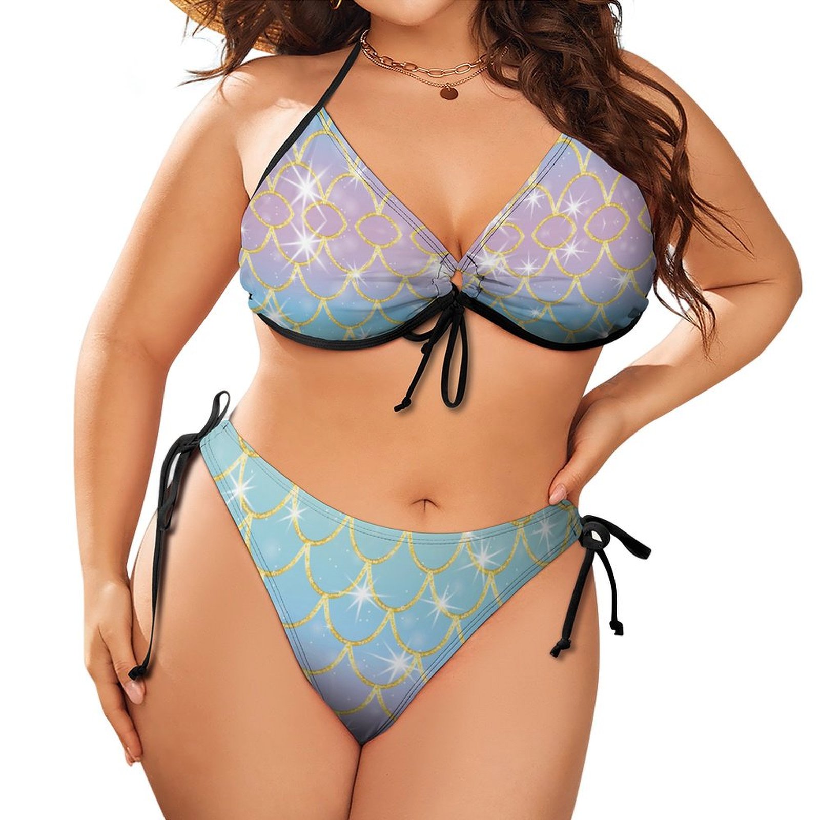 Women's Mermaid Gold Scales Plus Size Triangle Bikini String Two Piece Halter Tie Side Swimsuit