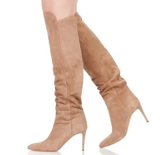 VCSHOES Women Solid Nude Black Color Pointed Toe Stiletto Heel Knee High Long Boots Plus Size 45