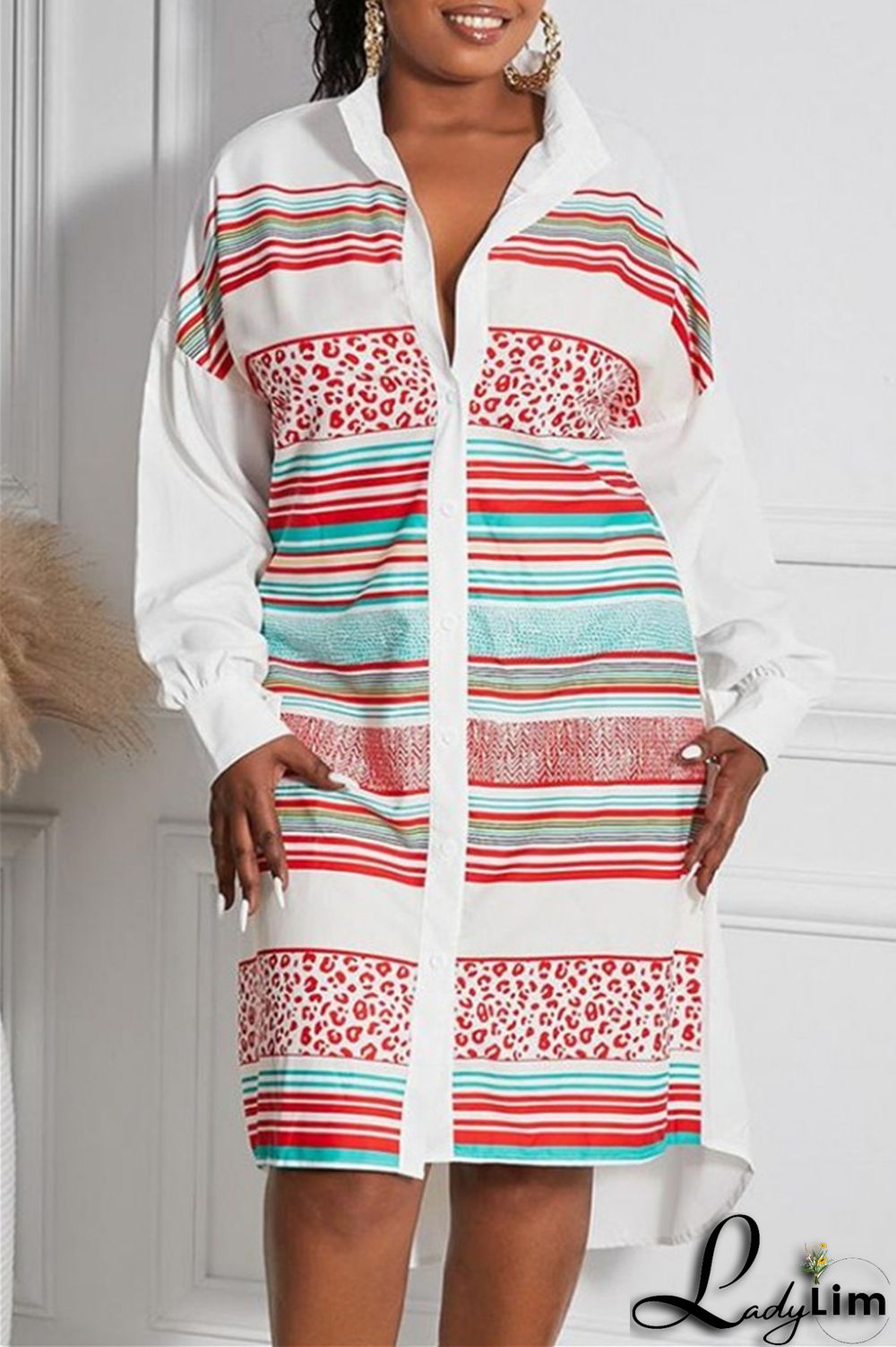 Blue Fashion Casual Striped Print Patchwork Shirt Collar Shirt Dress