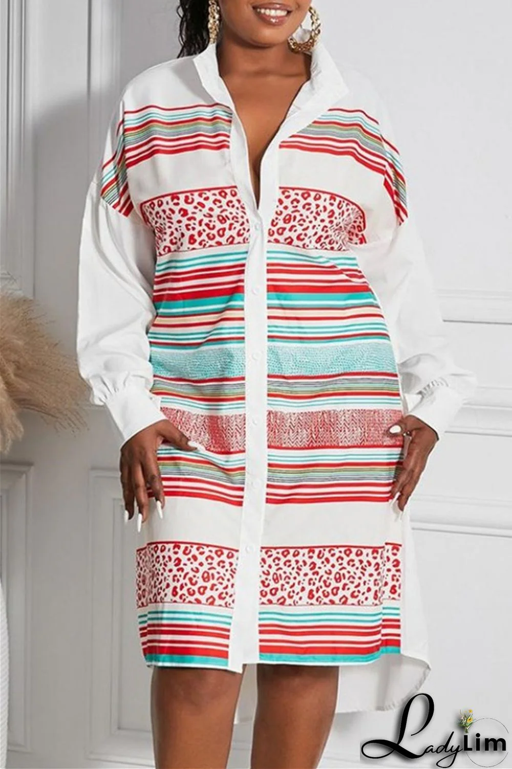 Blue Fashion Casual Striped Print Patchwork Shirt Collar Shirt Dress