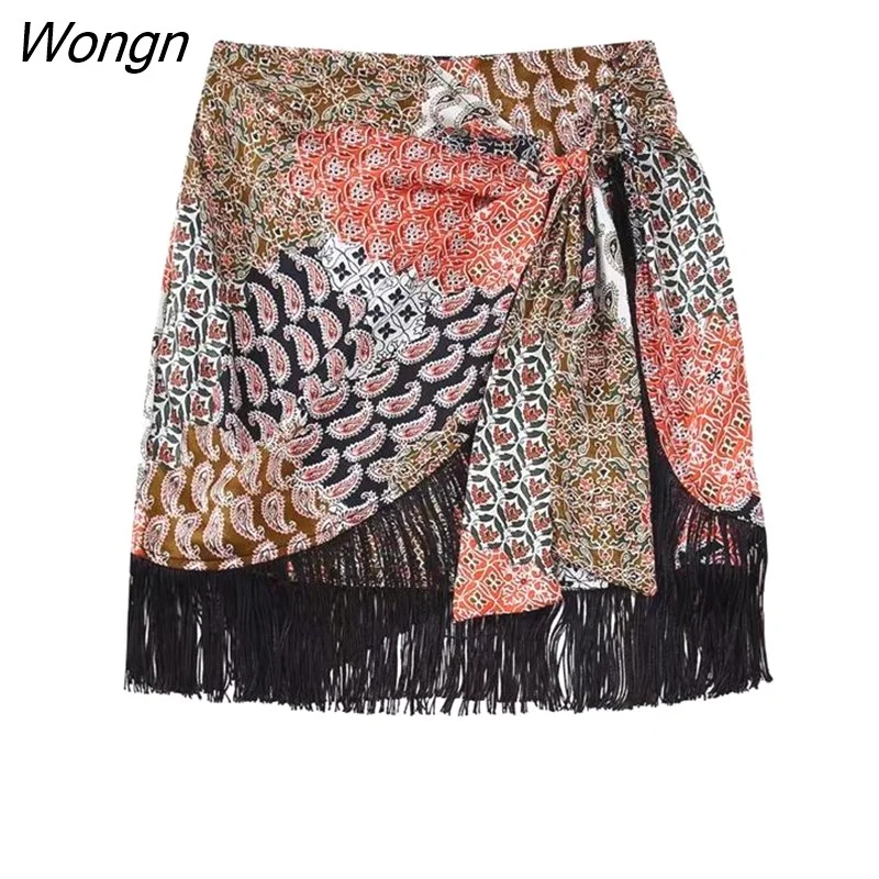 Wongn Fashion Women With Tassel Mini Skirts 2023 Summer Vintage High Waist Bow Tied Draped Zipper Female Skirts Mujer