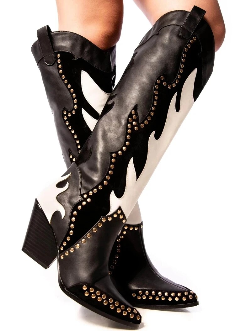 Knee High Boot Women Patchwork Rivet Long Booties Lady Pointed Toe High Heel Shoes