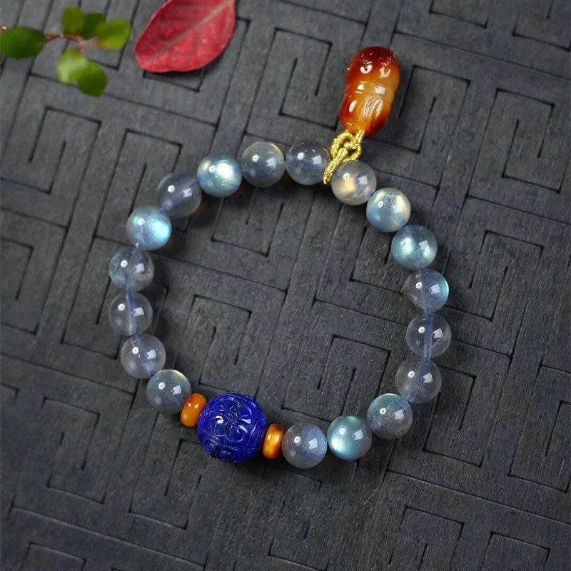 Natural Moonstone Lazurite Amber Calm Healing Positive Bracelet
