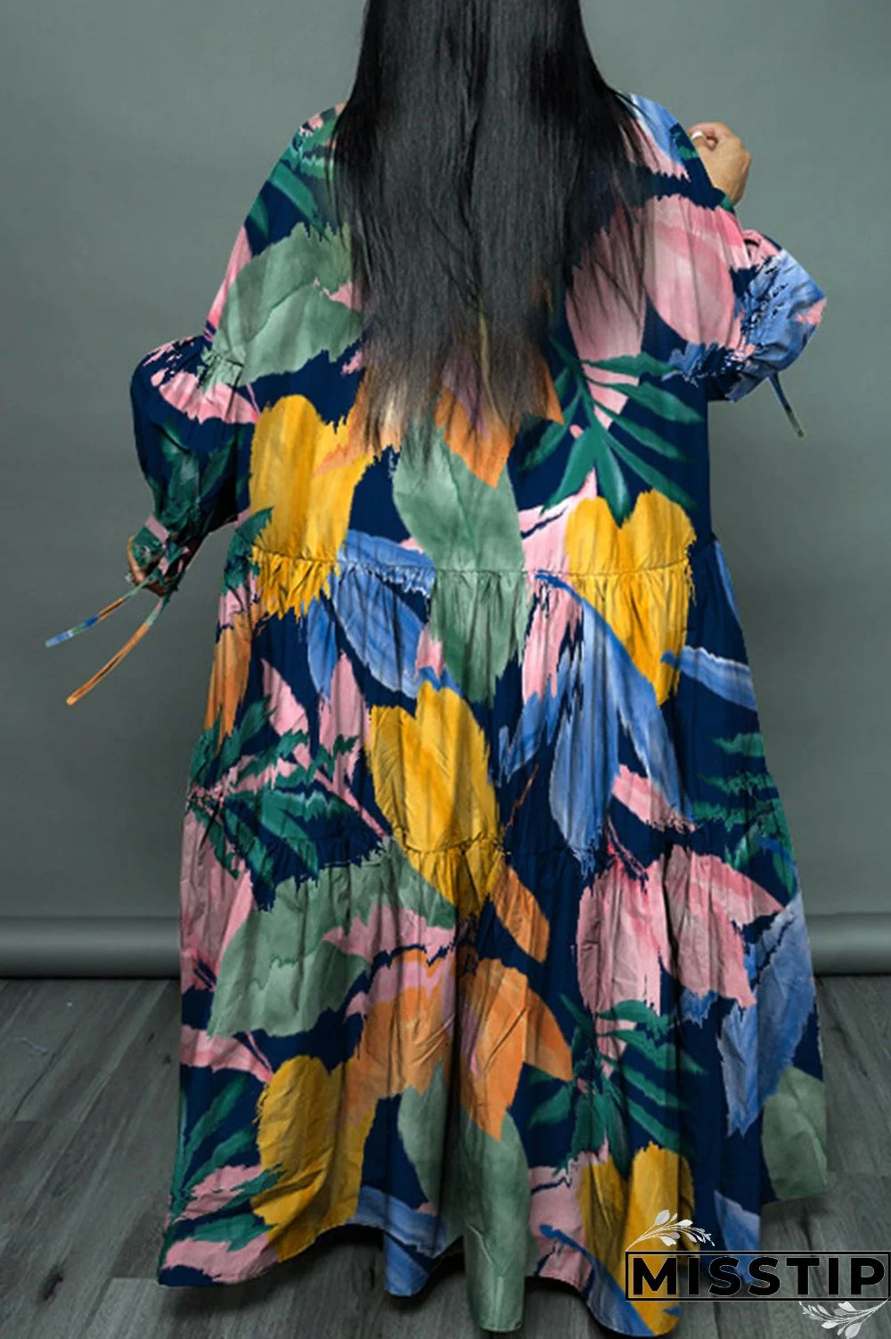 Cyan Casual Print Patchwork Buckle Fold Turndown Collar Long Dress Plus Size Dresses